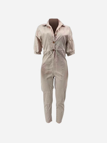 Button Design Drawstring Regular Fit Jumpsuit AR504