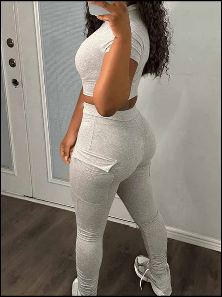 Crop Top Drastring Side Pocket Pants Set AR5010