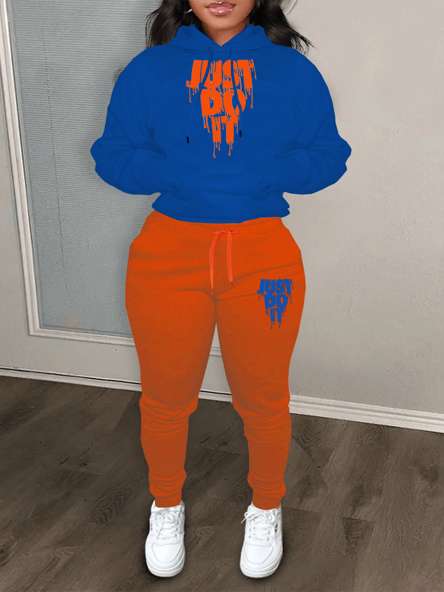 Plus Size Just Do It Letter Print Kangaroo Pocket Tracksuit Set AR507