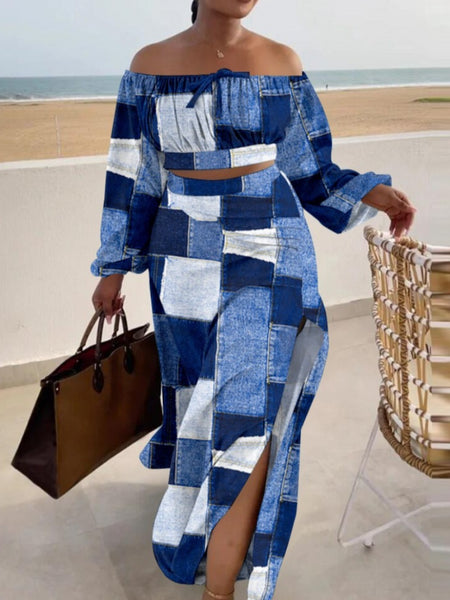 Plus Size Off The Shoulder Plaid Print Side Slit Skirt Set AR50138