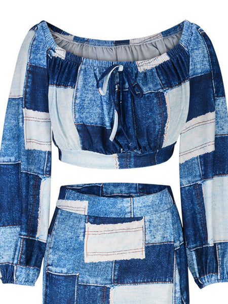 Plus Size Off The Shoulder Plaid Print Side Slit Skirt Set AR50138