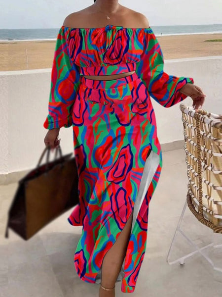 Plus Size Off The Shoulder Plaid Print Side Slit Skirt Set AR50138