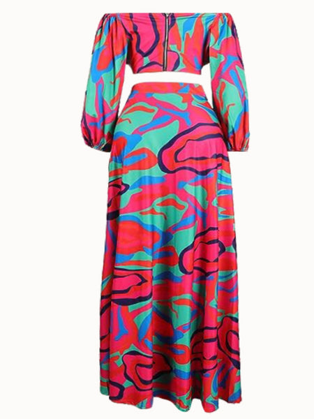 Plus Size Off The Shoulder Plaid Print Side Slit Skirt Set AR50138