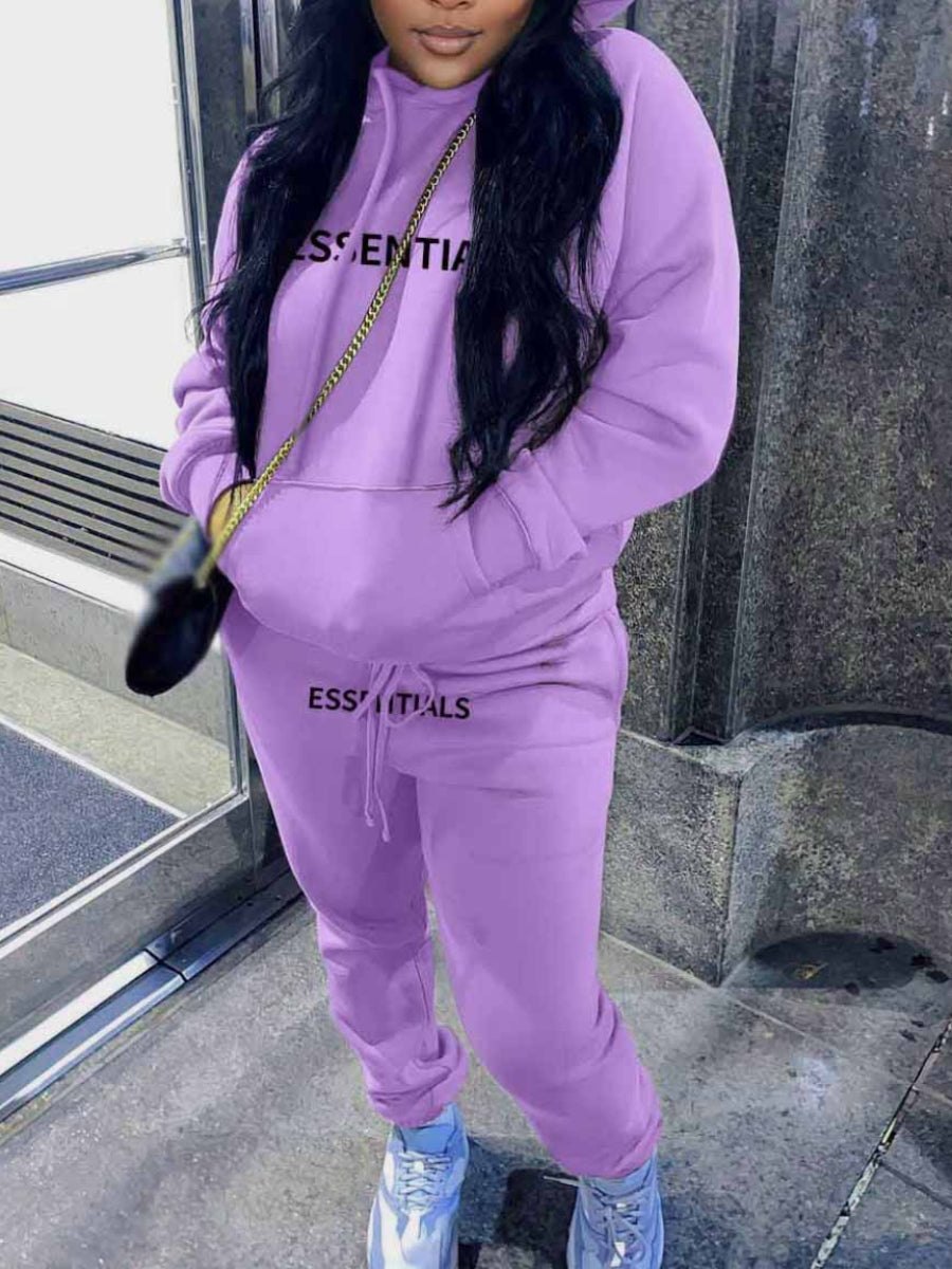 Plus Size Essentials Letter Print Kangaroo Pocket Tracksuit Set AC2044