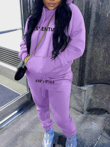 Plus Size Essentials Letter Print Kangaroo Pocket Tracksuit Set AC2044