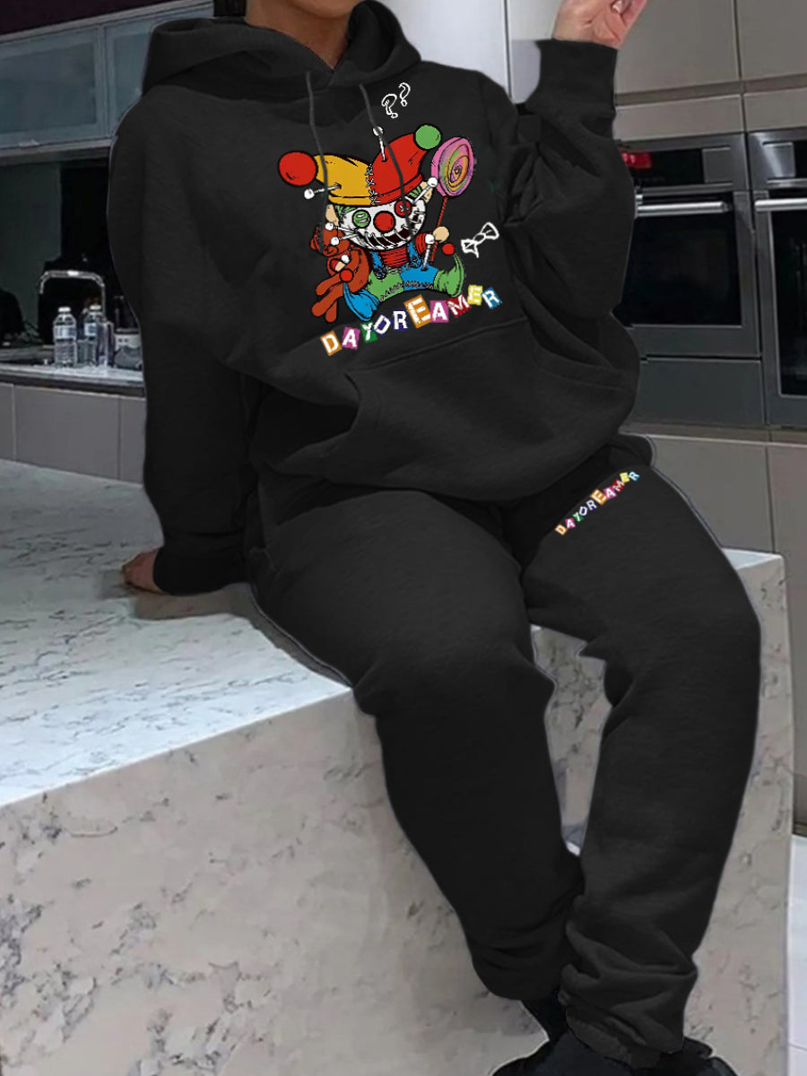 Plus Size Cartoon Letter Print Kangaroo Pocket Tracksuit Set AT8062