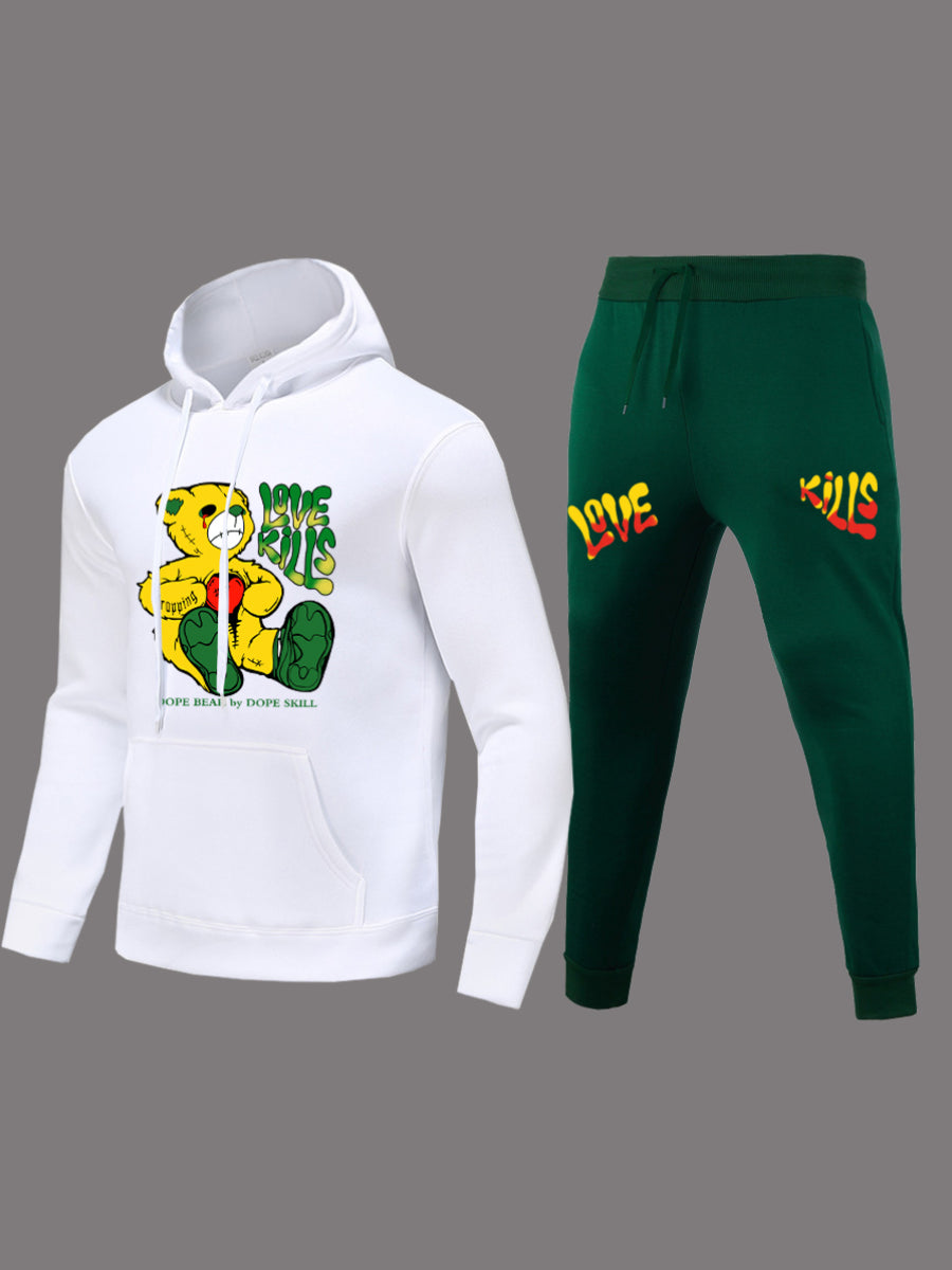 Teddy Bear Letter Print Kangaroo Pocket Tracksuit Set BO2116