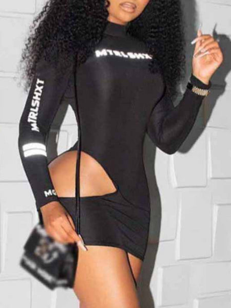 SXY Letter Print Cut Out Bodycon Dress AR508