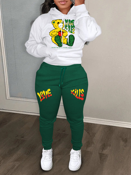 Plus Size Teddy Bear Letter Print Kangaroo Pocket Tracksuit Set AT9045