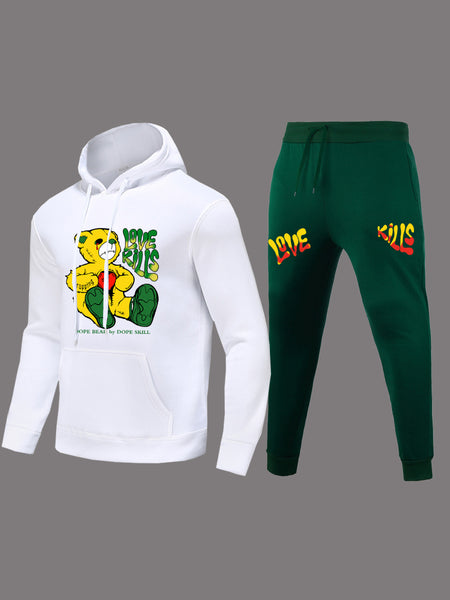 Plus Size Teddy Bear Letter Print Kangaroo Pocket Tracksuit Set AT9045