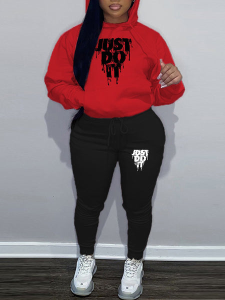 Plus Size Just Do It Letter Print Kangaroo Pocket Tracksuit Set AR802