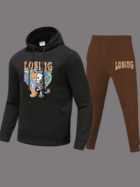 Drawstring Pattern Kangaroo Pocket Print Skinny Two-piece Pants Set AT9067