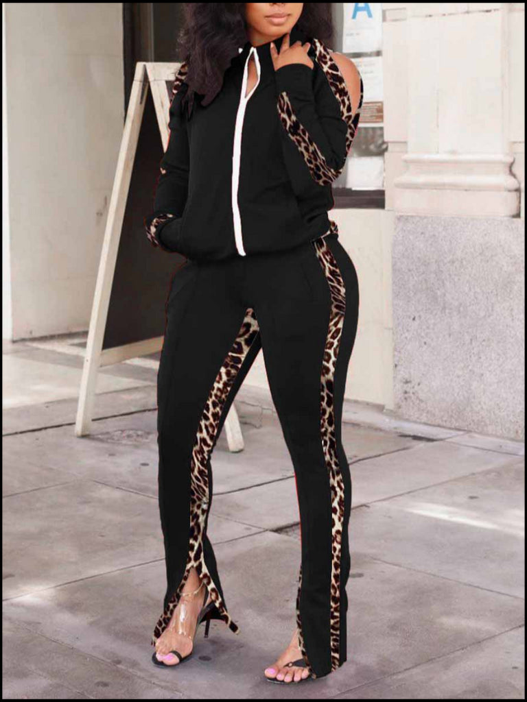 Plus Size Leopard Print Striped Cut Out Pants Set AT9011