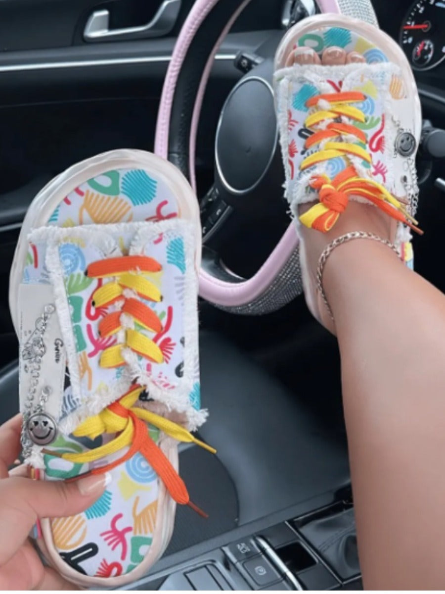 Letter Print Raw Edge Slides BO3048