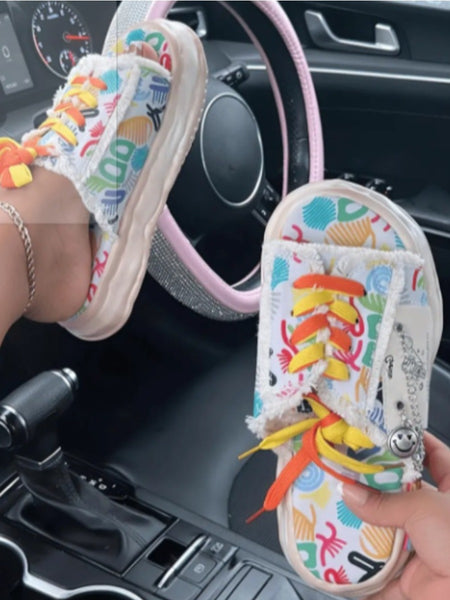 Letter Print Raw Edge Slides BO3048