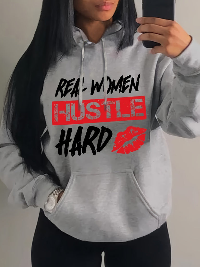 Plus Size Hustle Hard Lip Letter Print Kangaroo Pocket Tracksuit Set AR5015