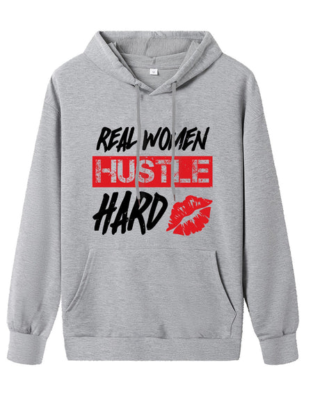 Plus Size Hustle Hard Lip Letter Print Kangaroo Pocket Tracksuit Set AR5015