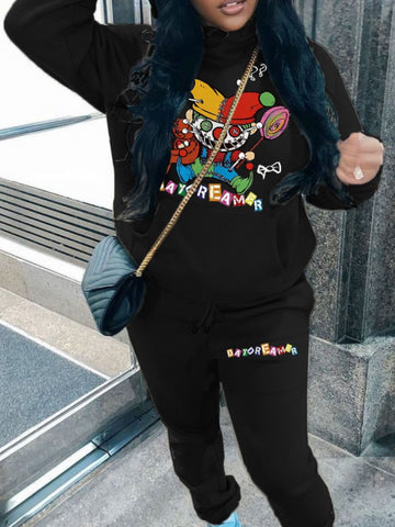 Plus Size Cartoon Letter Print Kangaroo Pocket Tracksuit Set AT8062