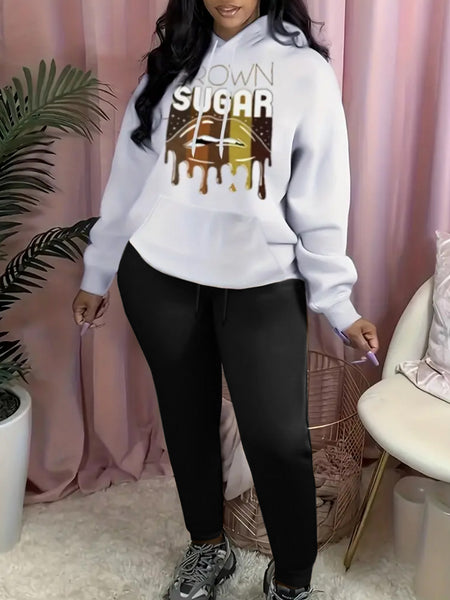 Plus Size Lip Letter Print Kangaroo Pocket Tracksuit Set BO1113