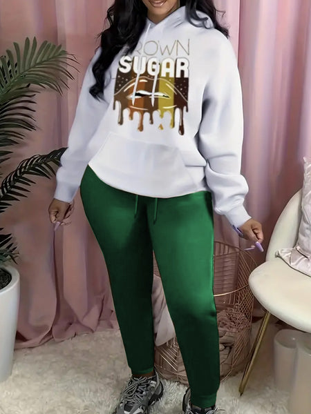 Plus Size Lip Letter Print Kangaroo Pocket Tracksuit Set BO1113