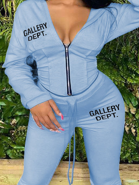 Plus Size Hooded Collar Letter Print Drawstring Pants Set AT9065