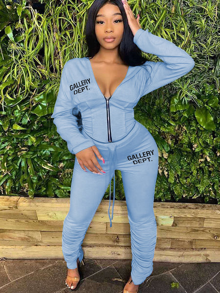 Plus Size Hooded Collar Letter Print Drawstring Pants Set AT9065