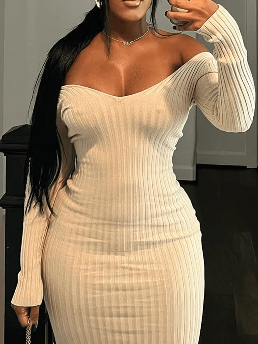 BASICS V Neck Rib Knit Bodycon Dress AT809
