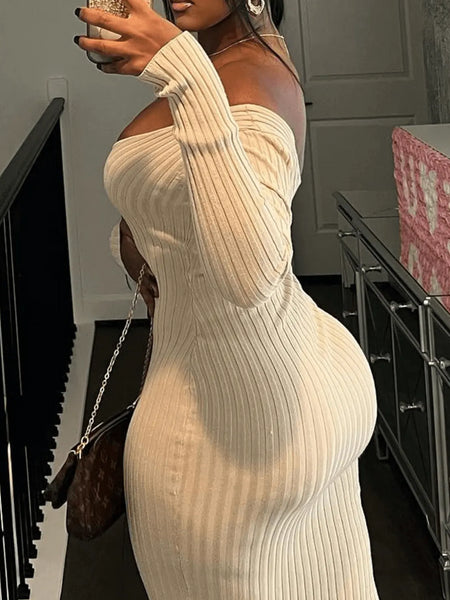 BASICS V Neck Rib Knit Bodycon Dress AT809