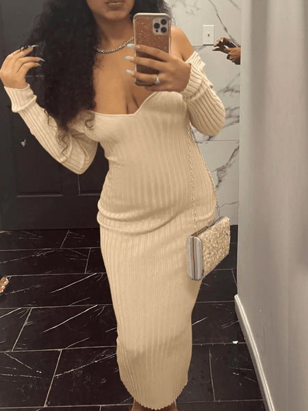 BASICS V Neck Rib Knit Bodycon Dress AT809