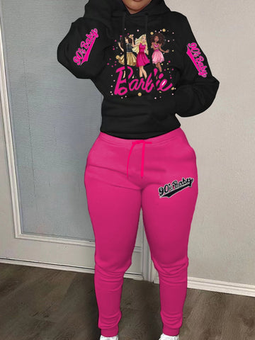 Plus Size Figure Letter Print Kangaroo Pocket Tracksuit Set AT804