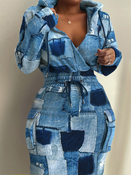 Plus Size Chain Print Drawstring Bodycon Dress AT8021