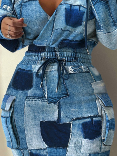 Plus Size Chain Print Drawstring Bodycon Dress AT8021