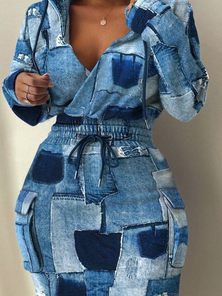 Plus Size Chain Print Drawstring Bodycon Dress AT8021