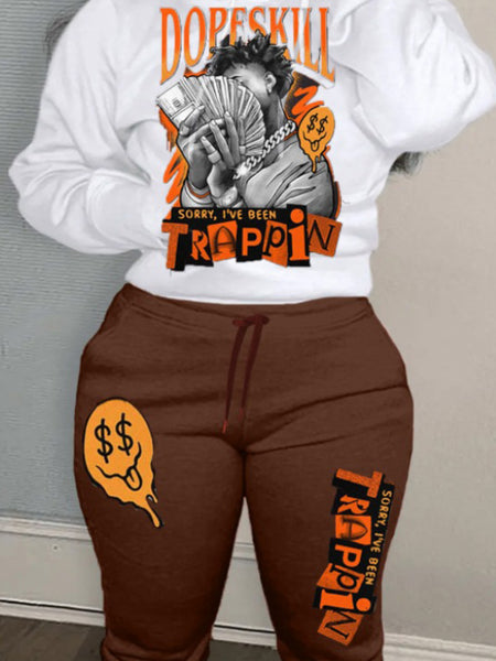 Plus Size Money Letter Print Kangaroo Pocket Tracksuit Set AR3022