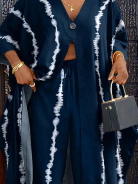 Plus Size V Neck Tie Dye Button Design Drawstring Pants Set AT9060