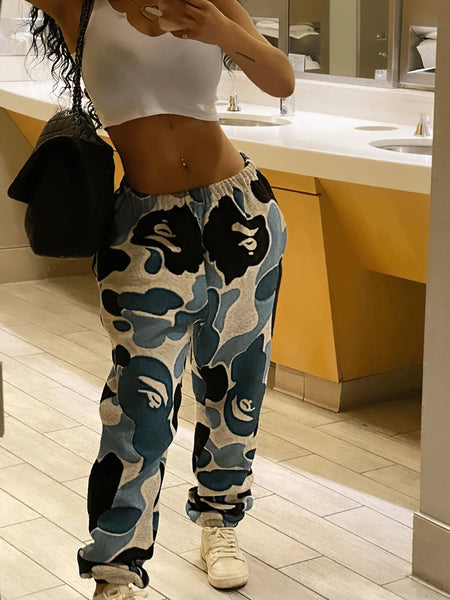 High Waist Camo Print Loose Pants F4037