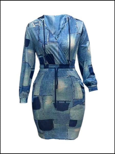 Plus Size Chain Print Drawstring Bodycon Dress AT8021