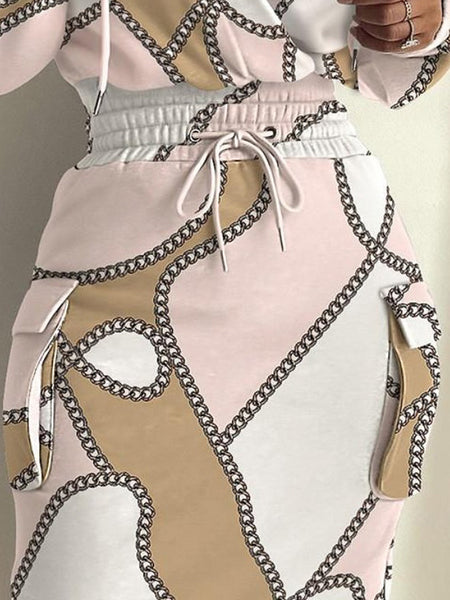 Plus Size Chain Print Drawstring Bodycon Dress AT8021