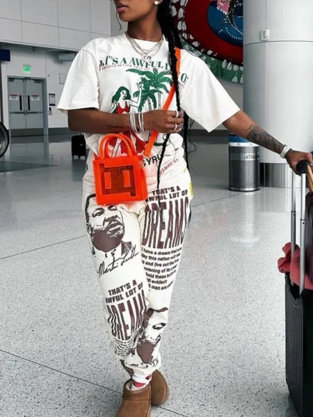 Figure Letter Print Drawstring Loose Pants AT9039