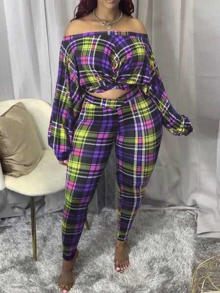 Plus Size Trendy Dew Shoulder Grid Print Purple Two-piece Pants Set BO504 Furdela