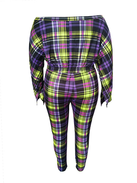 Plus Size Trendy Dew Shoulder Grid Print Purple Two-piece Pants Set BO504 Furdela