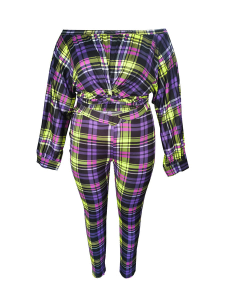 Plus Size Trendy Dew Shoulder Grid Print Purple Two-piece Pants Set BO504 Furdela
