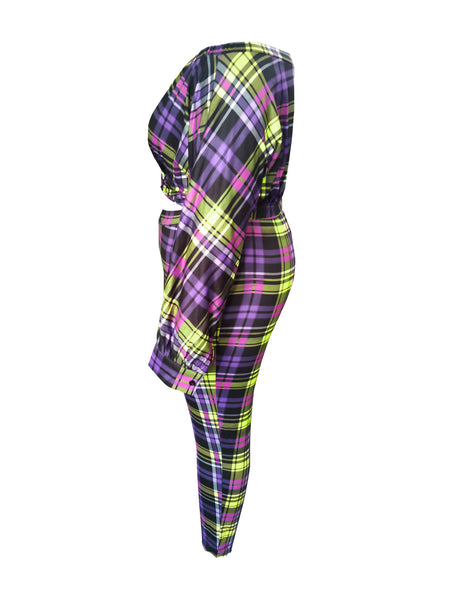 Plus Size Trendy Dew Shoulder Grid Print Purple Two-piece Pants Set BO504 Furdela