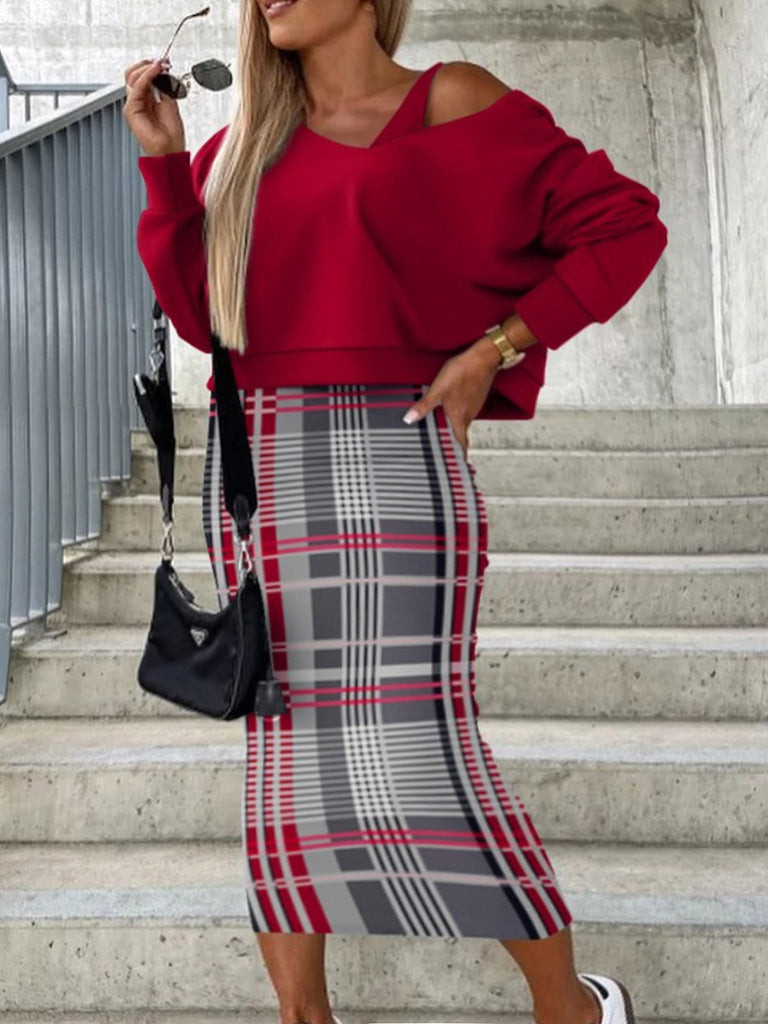 Plus Size V Neck Plaid Print Skirt Set AT9065