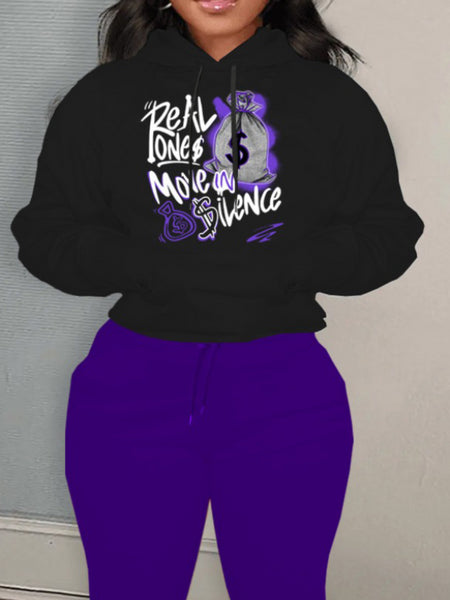 Plus Size Money Bag Letter Print Kangaroo Pocket Tracksuit Set BO50104 Furdela