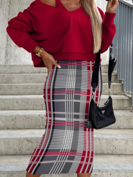 Plus Size V Neck Plaid Print Skirt Set AT9065