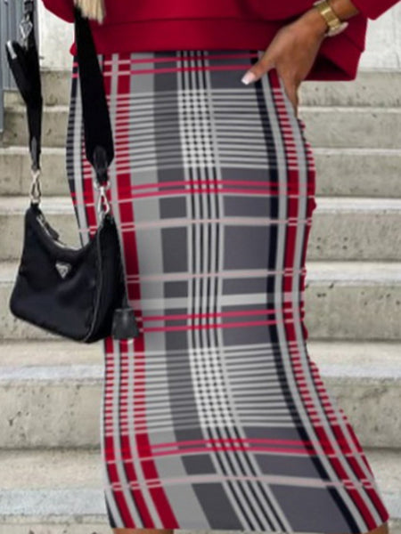 Plus Size V Neck Plaid Print Skirt Set AT9065