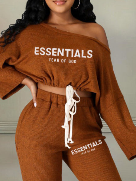 Plus Size Essentials Letter Print Drawstring Pants Set AT9048