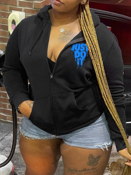 Plus Size Just Do It Letter Print Kangaroo Pocket Tracksuit Set AR507