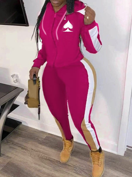 Plus Size Leisure Hooded Collar Patchwork Wine Red Two-piece Pants Set BO507 Furdela